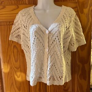 Ultra Pink Open-Knit Short Sleeve Button Front Cardigan - Cream